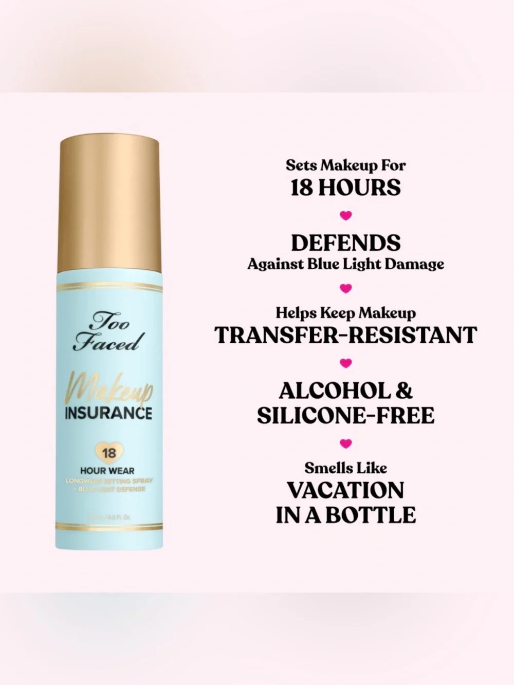 Too Faced Makeup Insurance 18Hour Wear Setting Spray,full Sz 4oz, BNIB,AUTHENTIC
